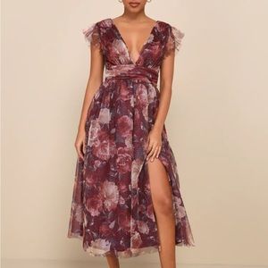 Elegant Affection Burgundy Floral Tulle Ruffled Midi Dress Lulu’s never-worn
